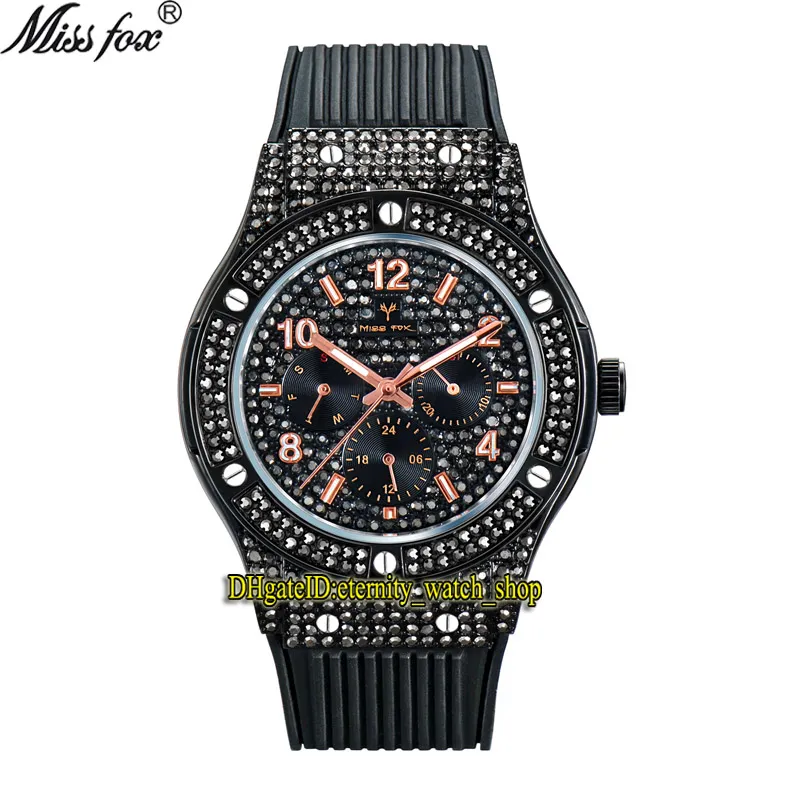 MISSFOX éternité V314 Hip hop mode hommes montres CZ diamant incrusté cadran mouvement à quartz hommes montre glacé diamants lunette en alliage boîtier en caoutchouc noir Bracelet