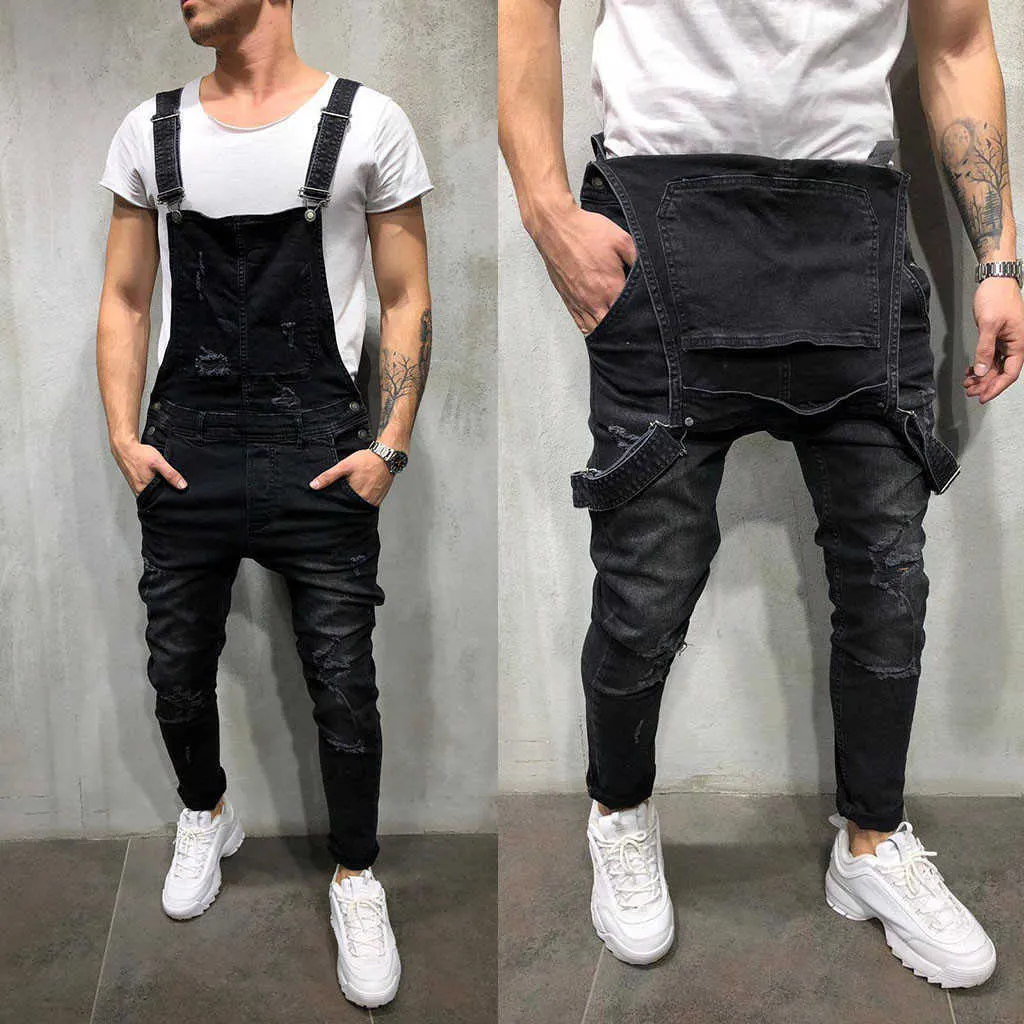 2021 Hoge Kwaliteit Mannen Britse Stijl Denim Bib Broek Volledige Lengte Jumpsuits Hip Hop Gescheurde Jeans Overalls Voor Mannen streetwear 2890