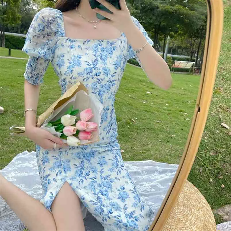 Französisch Stil Frauen Sexy Puff Sleeve Split Kleid Büro Dame Sommer Elegante Quadratische Kragen Chiffon Strand Vestidos 210519