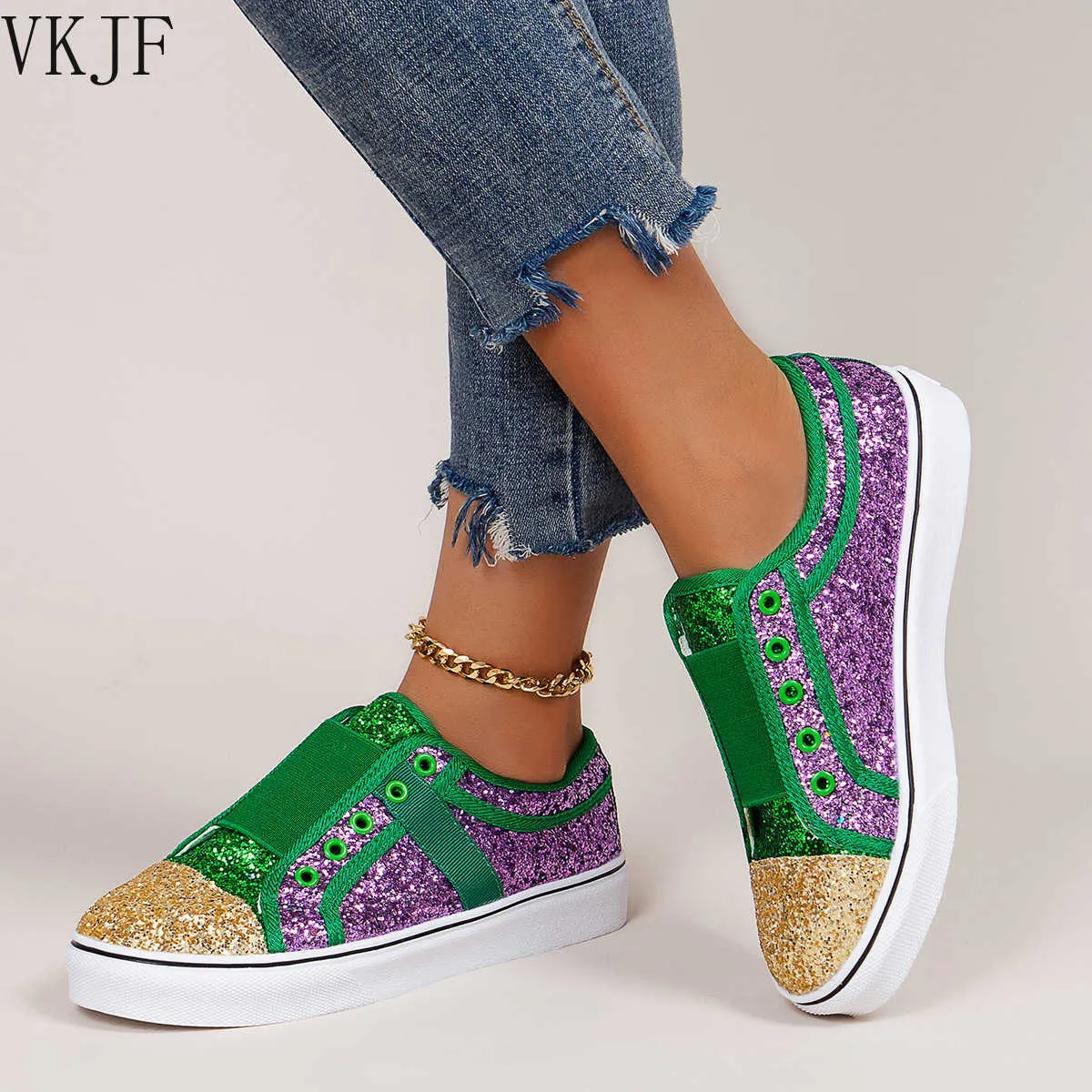 2021 Women Lace Up Sneakers Glitter Autumn Flat Vulcanized Ladies Bling Casual Female Fashion Platform Fashion Flat Shoes Y0907