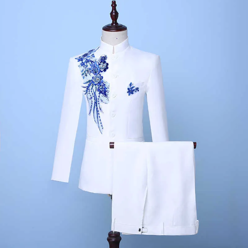 2019 Autumn Chinese Style White Stand Collar Two-Piece Men's Jacket Suits Blue Sequin groom suit Costumes(Jacket+Pants) X0909