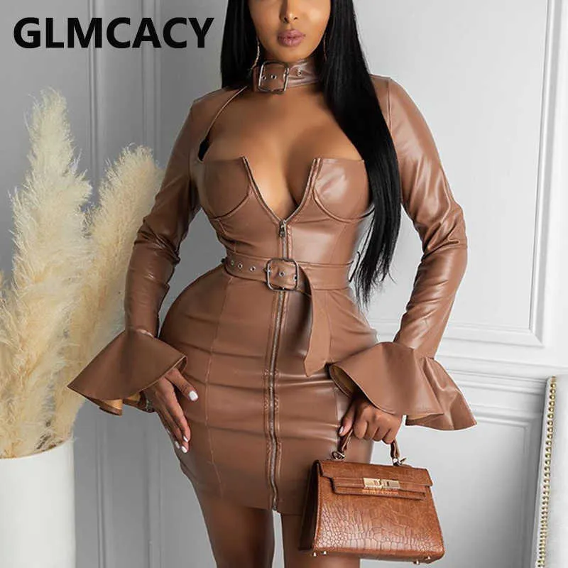 GLMCACY Womens PU Leather Bodycon Dress With Flare Sleeves, Zipper Front &  Buckle Belt  Elegant Office & Party Dress From Cong04, $22.47 In Bulk |  DHgate.Com