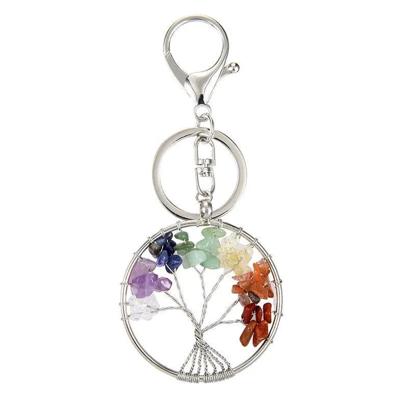 Porte-clés pendentif en pierre de cristal naturel, porte-clés rond de guérison des 7 chakras, fait à la main, porte-clés de voiture