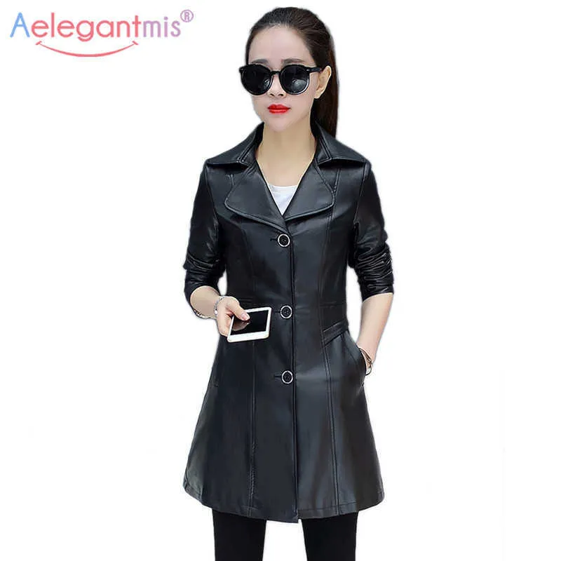 Aelegantmis Högkvalitativ PU Läder Trench Coat Kvinnor Vår Långärmad Outwear Office Lady Slim Plus Storlek 4xl 210607