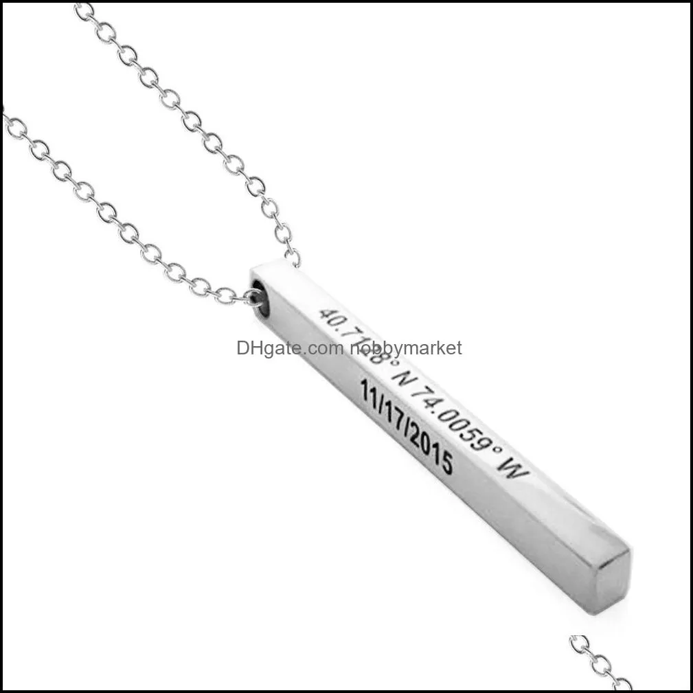 Custom Personalized Vertical Bar Necklace Silver Engraved Date Name Pendant Necklace For Women Wedding Jewelry Anniversary Mom Gift