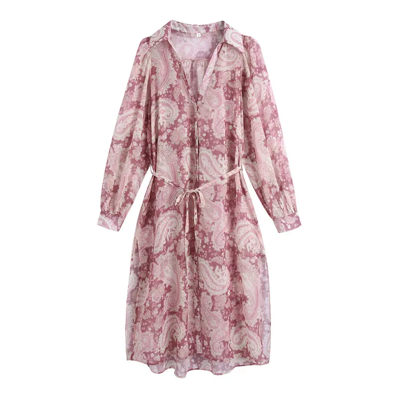 Revers floral print vrouwen jurk zomer gespleten riem mode elegante dame vintage chic single breemed meisje 210430