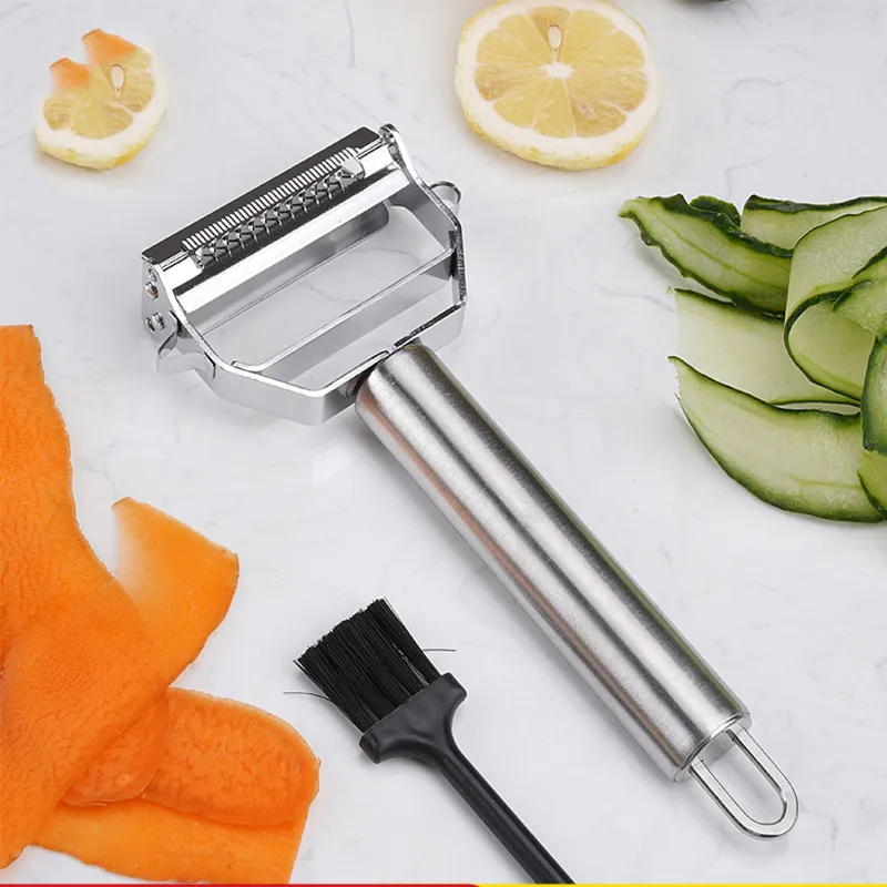 Multifunctional Skin Scraping Knife Vegetable Tools Double-head Grater Slicing Knife Food-grade Stainless Steel Material Double-blade Cleaning Brush XG0145