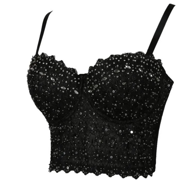 Womens Lace Rhinestone Bustier Crop Top Camis Clubwear Sexy Mesh Corset  Push Up Bra Fashion Tanks Champagne Black White XS L From Jessie06, $15.68