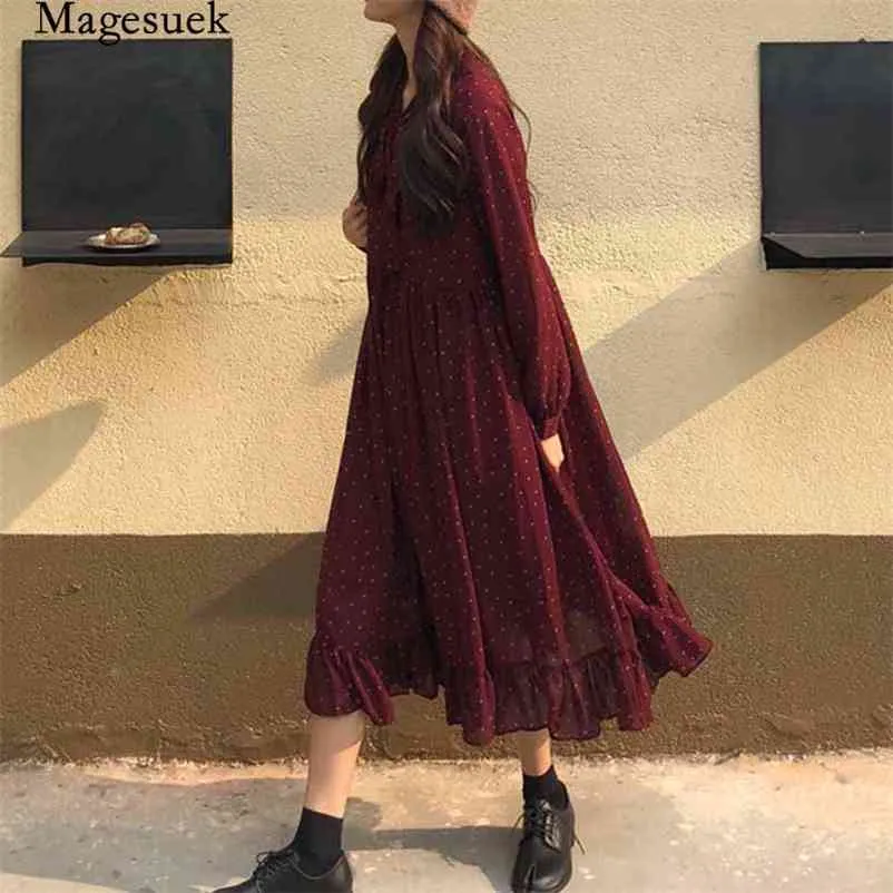 Women Lace-up Long Sleeve Female A-line Vintage Loose Dress Polka Dots Print Chiffon Vestidos Femme Autumn 10860 210518