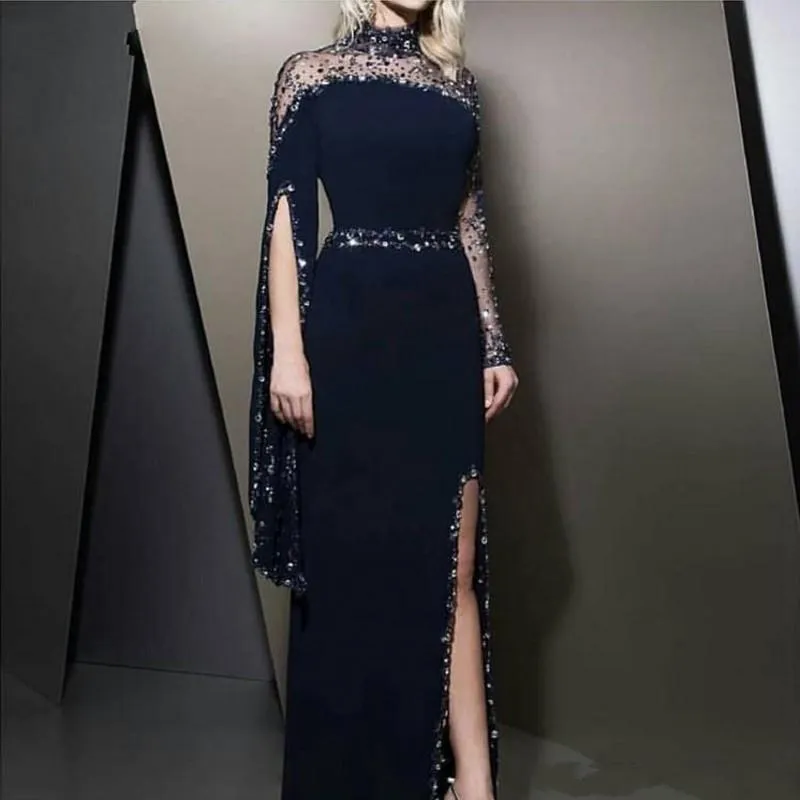 2021 New Formal High Neck Navy Blue Evening Dresses kaftan Dubai Beaded Long Sleeve Party Gowns Modest robe de soiree Split Prom Dress