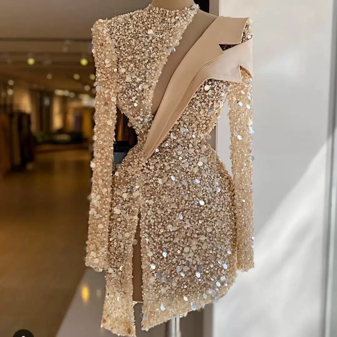 Luxurious Sequin Embellished Long Sleeve Cocktail Dress with Side Slit for  Womens Prom Party Events