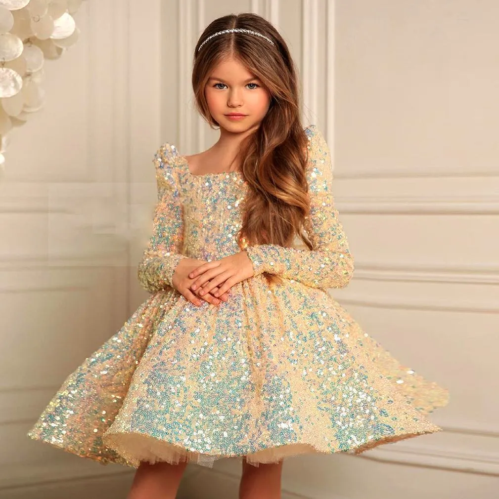 Bloem van de schouderbling pailletten High Low Gold Ball Jurk Little Girls Party lovertjes Pageant Jurken 403