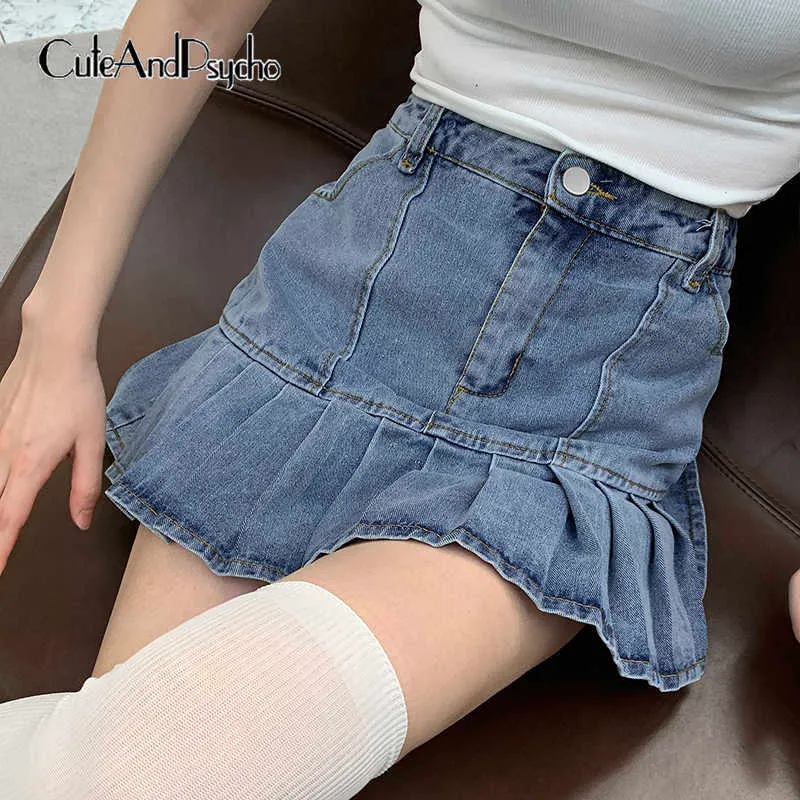 Masowe kobiety seksowne mini spódnice solidne y2k urocze szczupłe koreańskie plisowane vintage casual dżinsowa spódnica z wysokiej talii streetwear cuteAndpscho y0824