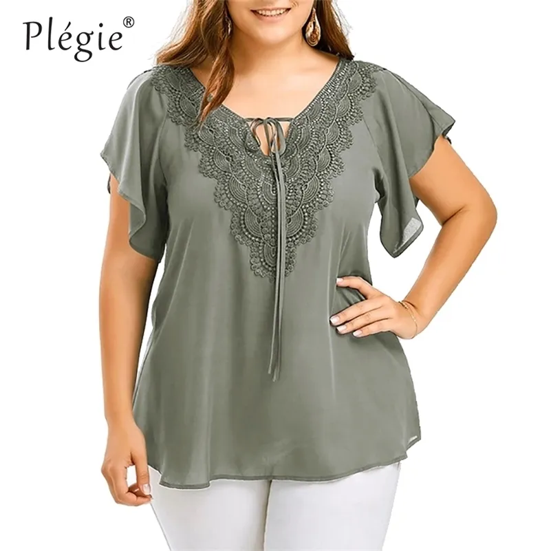 Plegie Plus Размер кружева лоскутная рубашка женские топы и блузки с коротким рукавом большой размер blusas femininas blusas mujer de moda 210323