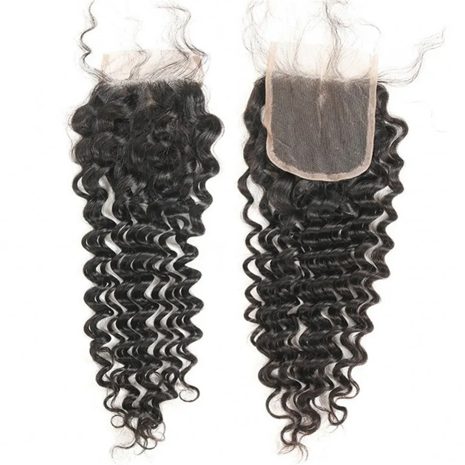 Unprocessed Indian Human Hair Closure Deep Wave 4x4 Lace Closures with Baby Hair for Women Natural Black Color