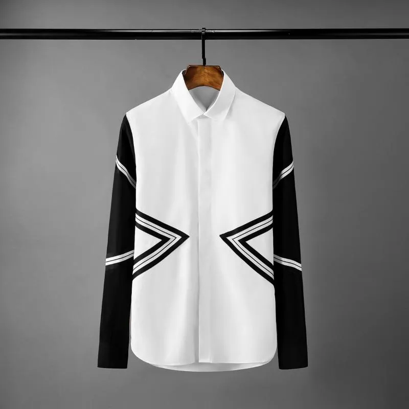 Men's Casual Shirts White Mens Luxury Long Sleeve Rib Splicing Design Dress Fashion Slim Fit Party Man