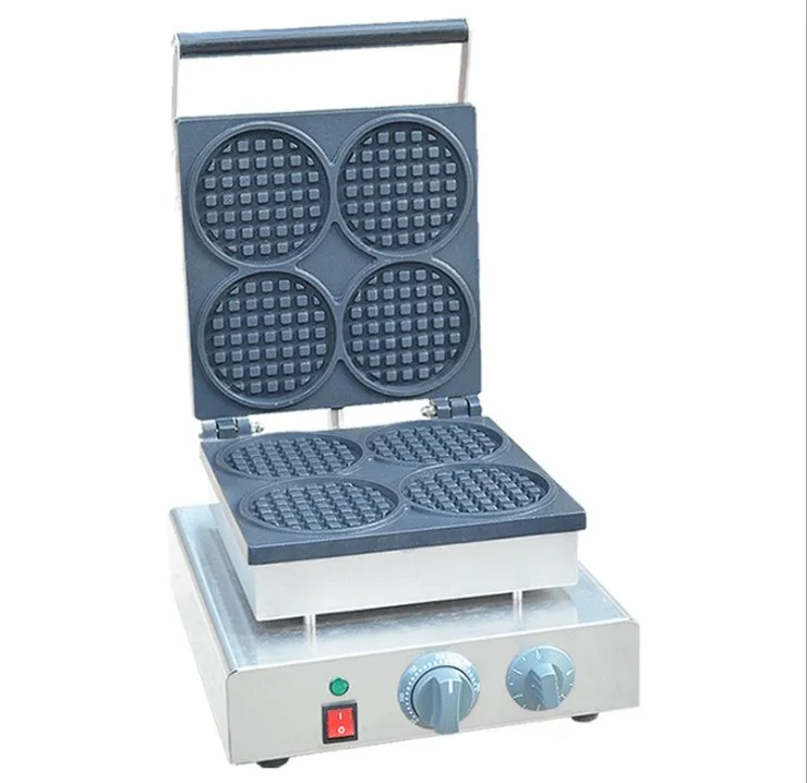 Uso commerciale Antiaderente Attrezzature per la lavorazione degli alimenti 110v 220v Elettrico 4 pezzi 11,5 cm Mini rotondo belga Waffle Maker Iron Baker Machine Mold