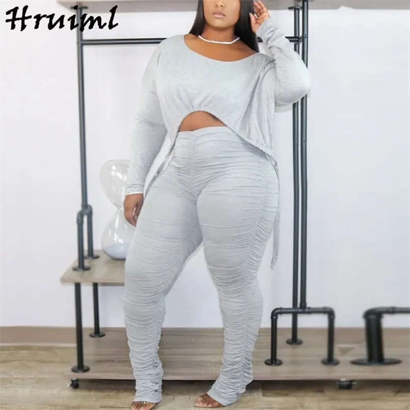 Fashion Women's Clothes Long Sleeve Tops&woman Pants Solid Color Woman Tracksuits Ruched Drawstring Plus Size Knitted Sets 210513