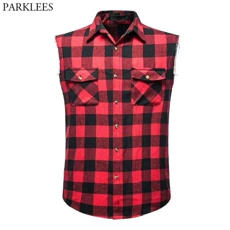 Mens Red And Black Plaid Cowboy Flannel Snap Sleeveless Shirt With Checkered Detailing Sleeveless Button Down Plus Size Cotton Vest Chemise 2XL From Dou01 9.14 DHgate.Com