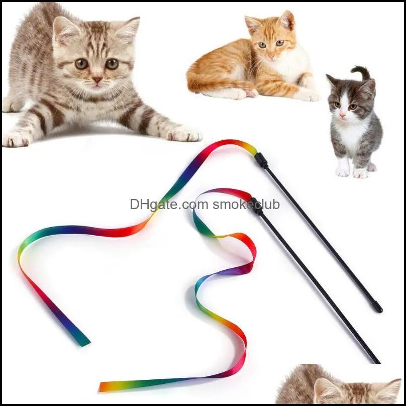 Cat Home Gardencat Toys 3Pcs Funny Stick Pet Toy Rainbow Ribbon Colth Fai da te Thin Colorf Rod Teaser Pole Forniture interattive Drop Delivery 2