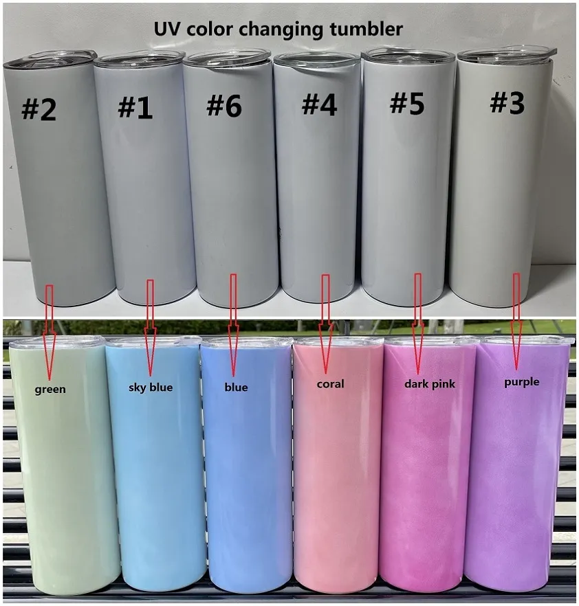 DIY UV-Farbwechselbecher 20oz Sublimationsbecher Sonnenlichtempfindlicher gerader dünner Becher aus Edelstahl mit Deckel und Strohhalmen