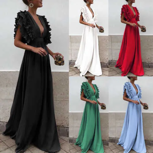 Maxi Dress Deep V-Neck New Fashion Women's Long Ruffles Flying Sleeveless Dress Evening Formal Party Prom Ball Gown Long Dress Y1006