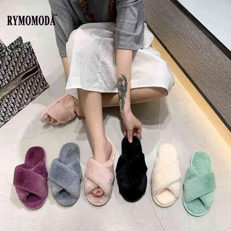 Rymomoda thuis katoen slippers harige dia's voor vrouwen korte pluche indoor slippers lichtgewicht warme platte hak dames mode schoen y0427