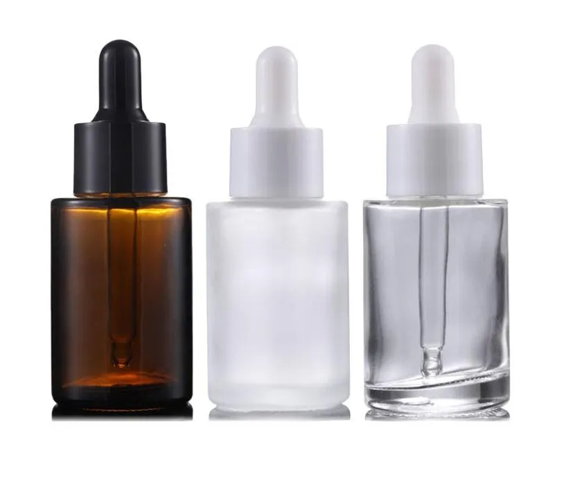 30 ml glazen fles platte schouder frosted clear amber glas ronde etherische olie serum fles met glazen druppelaar pakking flessen