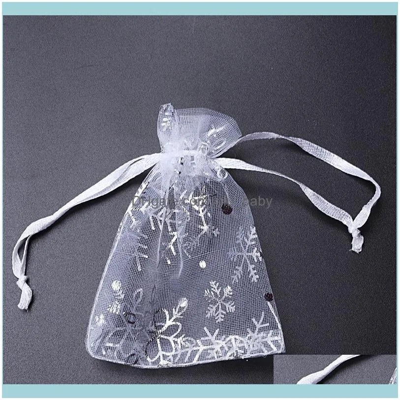 Jewelry Pouches, Bags 100 PCS Organza Wedding Gift Drawstring Pouch Silver White Snowflakes Printed Sheer Party Favor