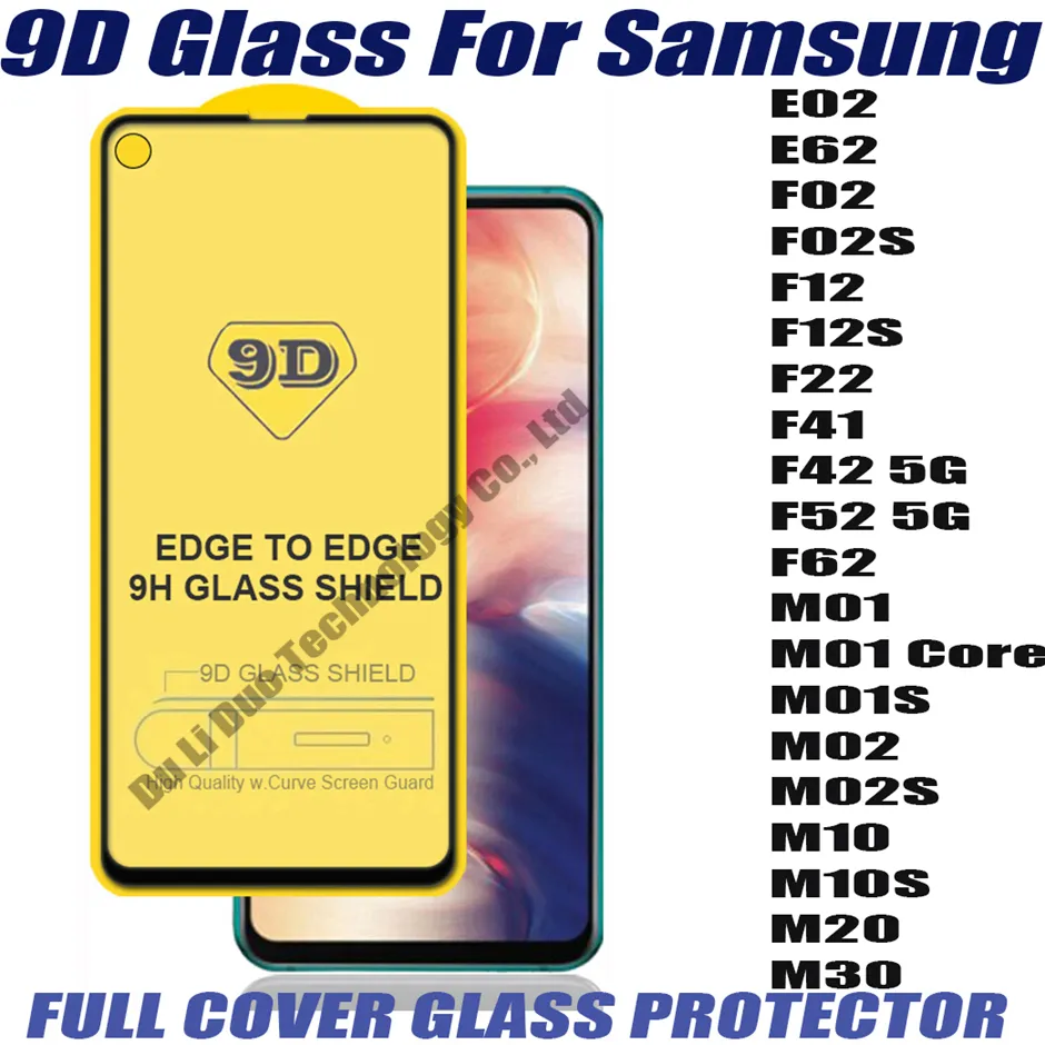 9D Tam Kapak Temperli Cam Telefon Ekran Koruyucu için Samsung Galaxy E62 F02 F02S F12 F12S F22 F41 F42 F52 F62 5G M01 Çekirdek M01S M02S M10 M10S M20 M30