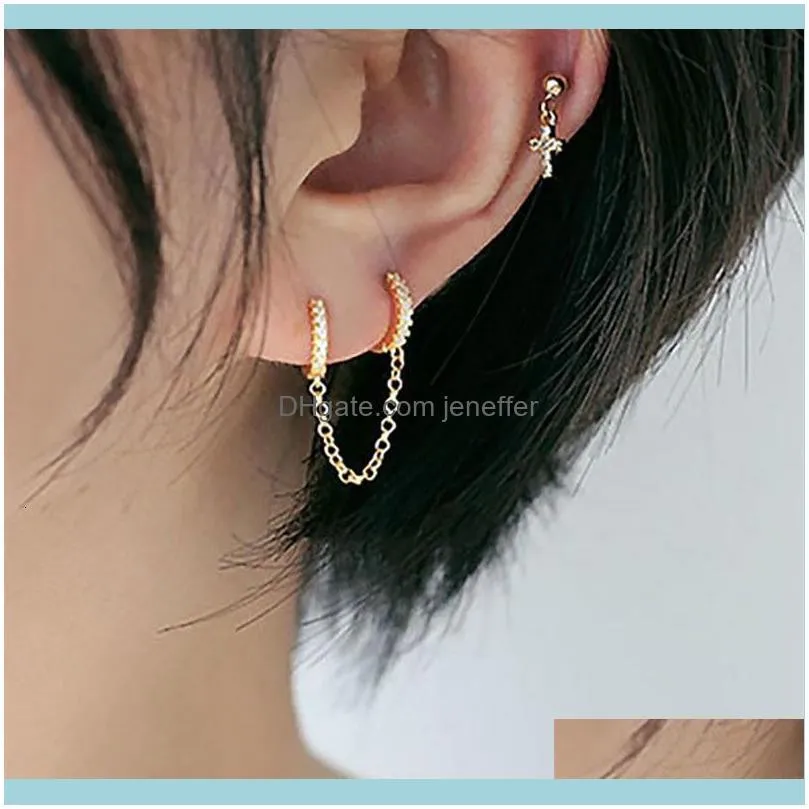chain zircon long Exquisite with fashion women`s inlaid double ear holes and one-piece earrings
