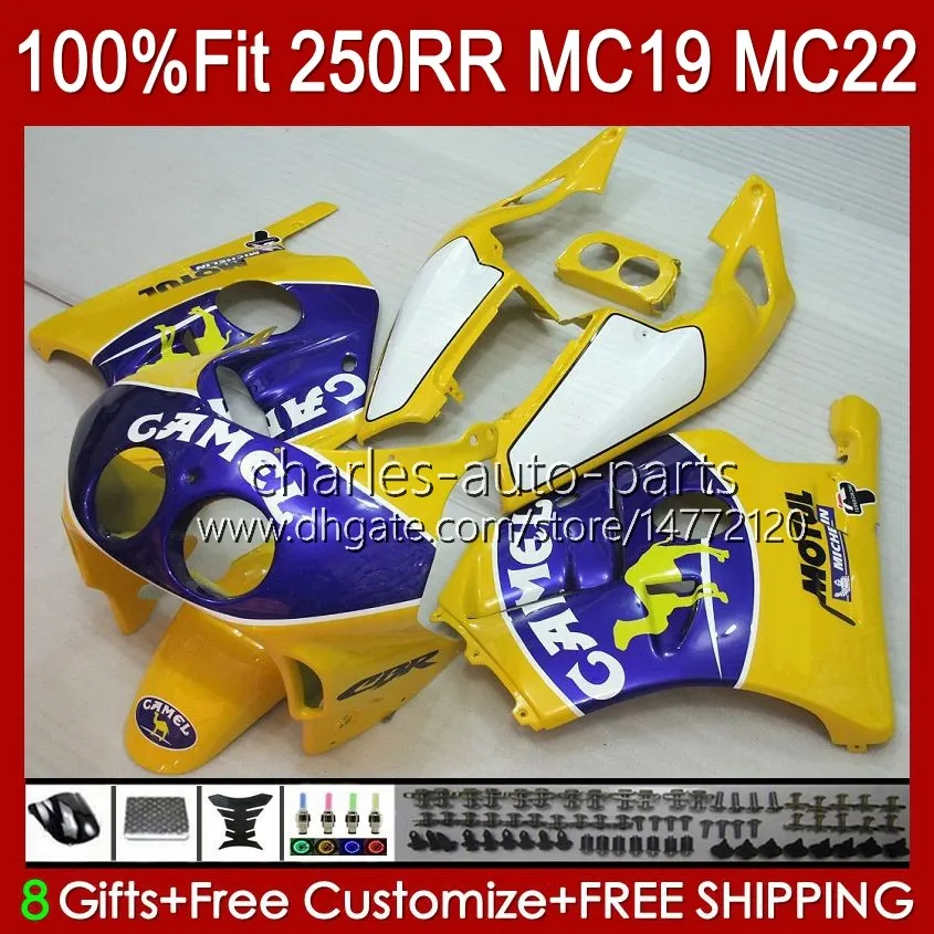 Moule d'injection de carénage pour HONDA CBR 250CC MC19 88-89 CBR 250RR 250 RR CC 250R 1988-1989 112HC.84 CAMEL bleu jaune CBR250RR 88 89 CBR250 RR CC 1988 1989 Kit de carrosserie complet OEM