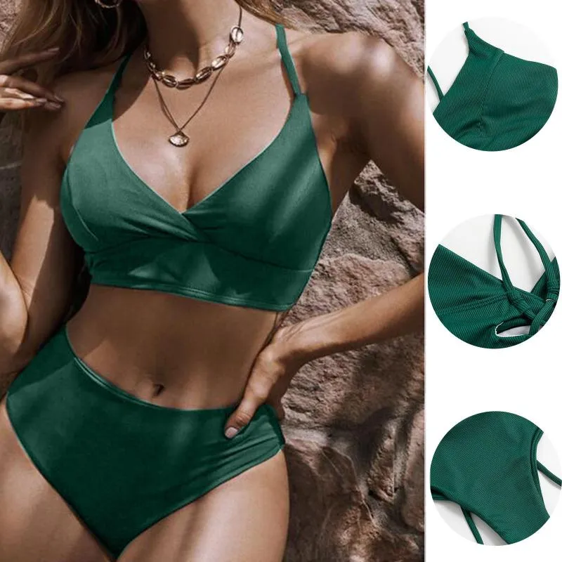 Kvinnors Badkläder Sexig Grön Och V-Neck Lace-up Bikini Set Kvinnor Två Pieces Swimsuits 2021 Tjej Beach Badräkt