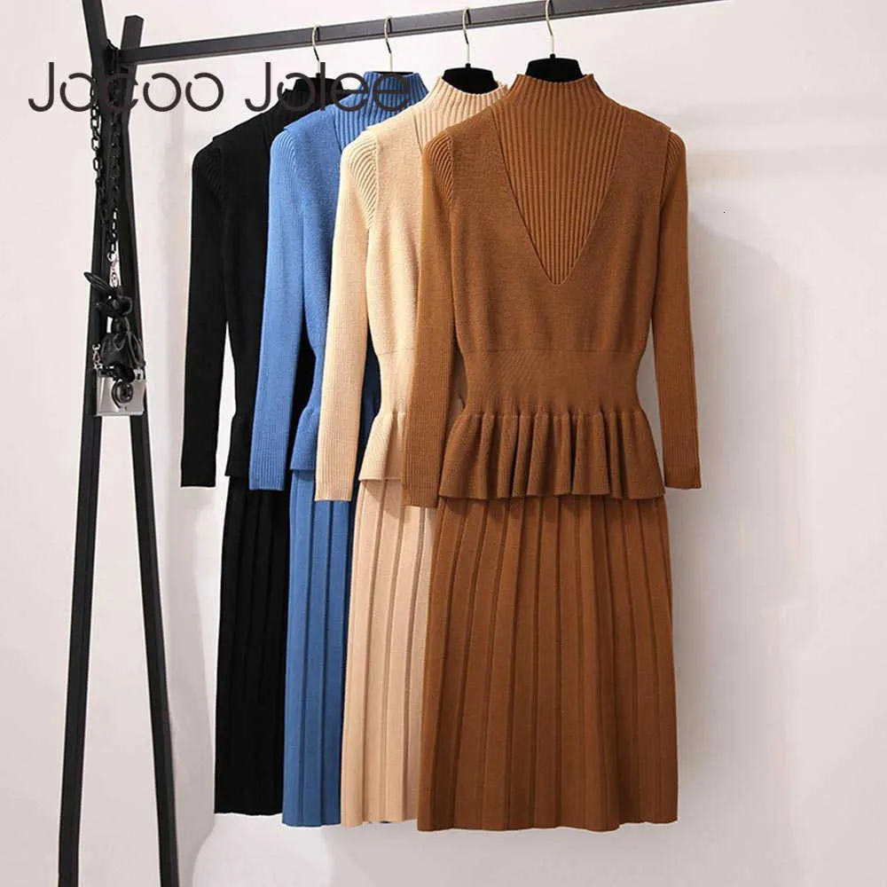 Jocoo Jolee Femmes Automne Hiver Deux Pièces Robe Tricotée Coréenne Élégante Slim Midi Pull Robe Lady Harajuku Robe À Tricoter 210619