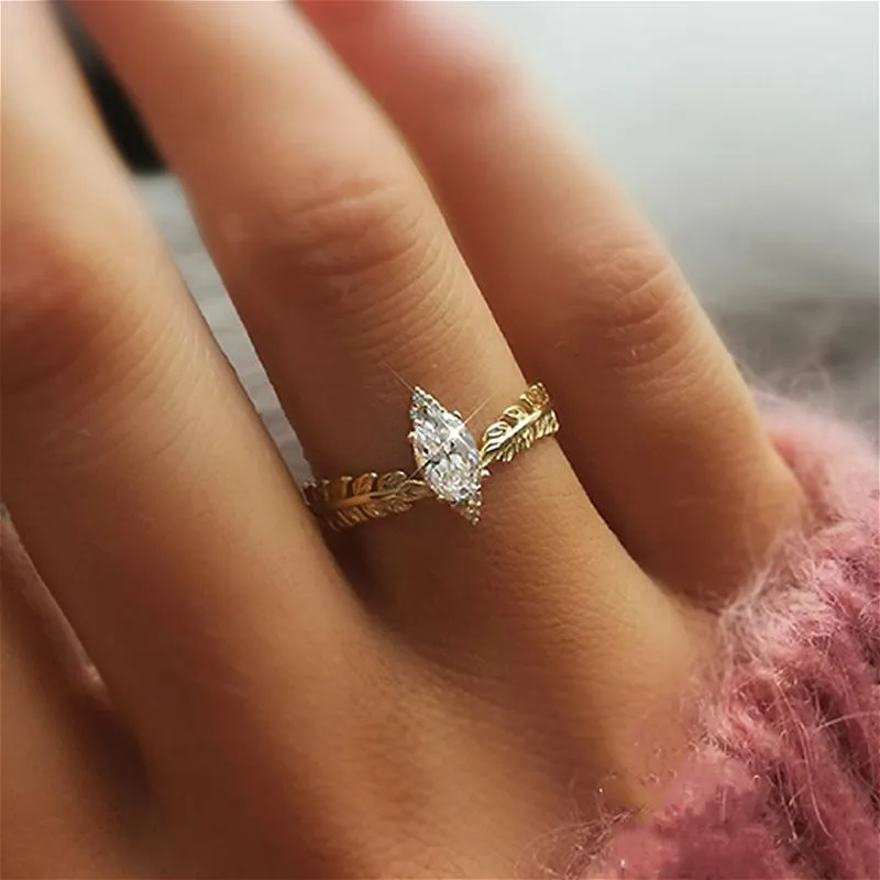 Wedding Rings Visisap Unique Gold Color Leaf Crown Marquise Zircon Engagement For Women Sweet Cute Simple High Quality Ring F146