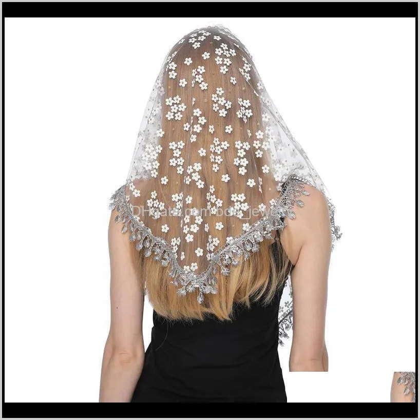 women triangle scarf for prayer shawl embroidered lace veil floral headcovering tassel veils mantillas the `s scarves
