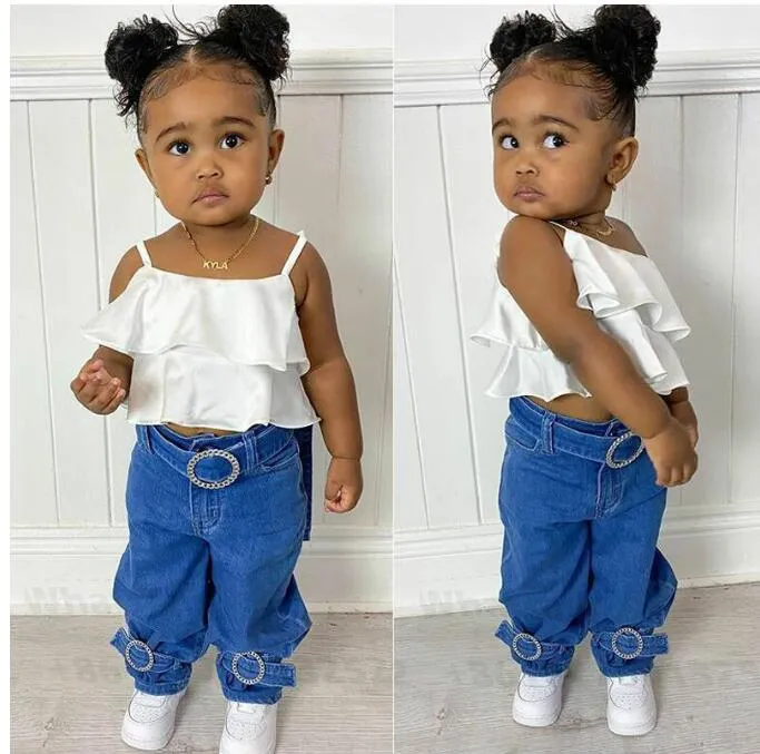 2021 Barnbarn Tjejer Kläder Satser Sommar Spaghetti Strap Ruffle Tank Toppar och Denim Byxor Jeans Fashion Child Outfits