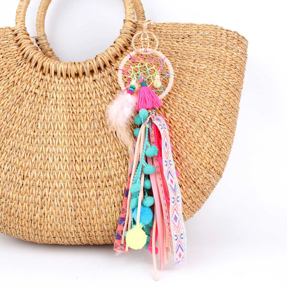 Boho Leather Fringed Dreamcatcher Pompons Keychain Handbag Accessorise Bag Or Car Charm key Ring Jewelry Gift G1019