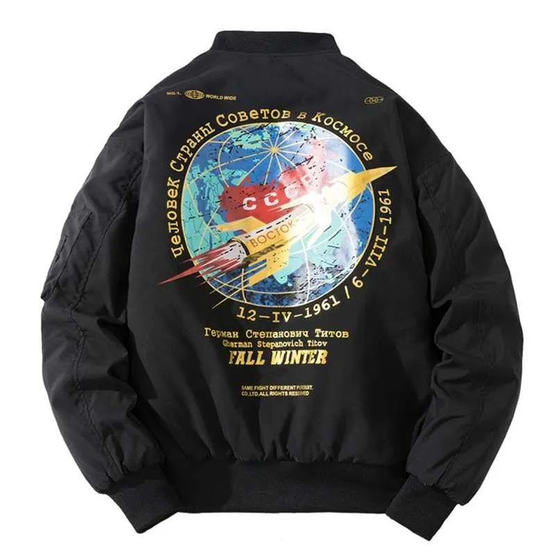 Winter Bomber Jacket Men Mode Pilot Jacka Rocket Print Baseball Coat Casual Youth Streetwear Ytterkläder Mens Kläder 211105