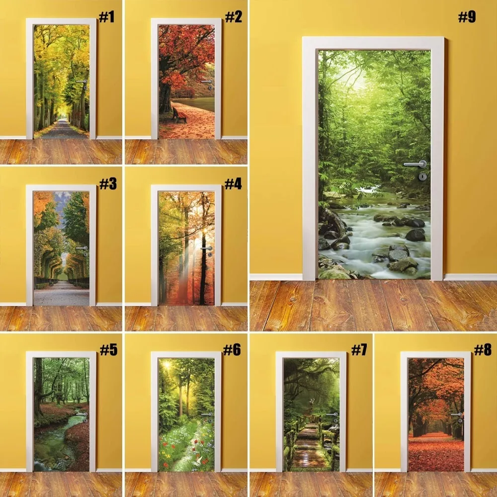 Samoprzylepny Naklejka Home Decor Forest DIY Drzwi Naklejki Drzewo Krajobraz Papier do salonu PVC Wodoodporna 3D Print Photo Art 210317