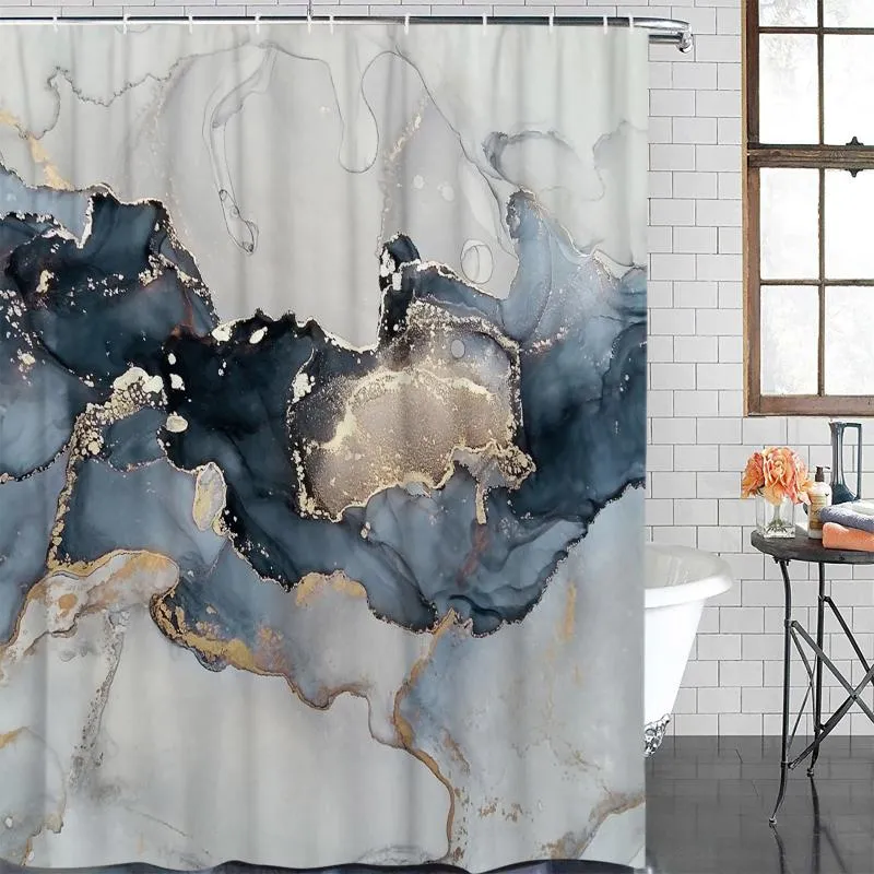 Shower Curtains Marble Texture Ink Painting Golden Lines Curtain Polyester Fabric Waterproof Modern Bathroom