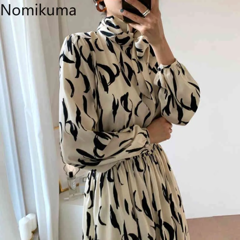 Nomikuma Stojak Kołnierz Kępka Kędziorek Lace Up Elegancka Sukienka Kobiety Slim Talia Z Długim Rękawem Drukowane Maxi Sukienki Vestidos Mujer 3C618 210514