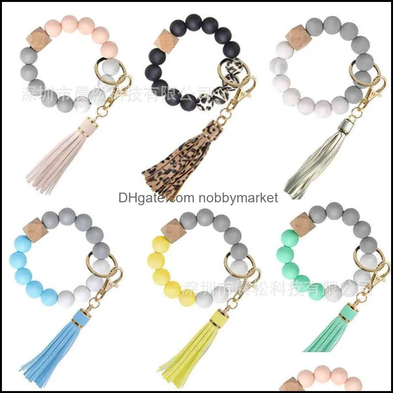 Charm Bracelets Jewelry Womens Tassel Wood Bead Sile Bracelet Key Chain Food Grade Drop Delivery 2021 Y71Nh
