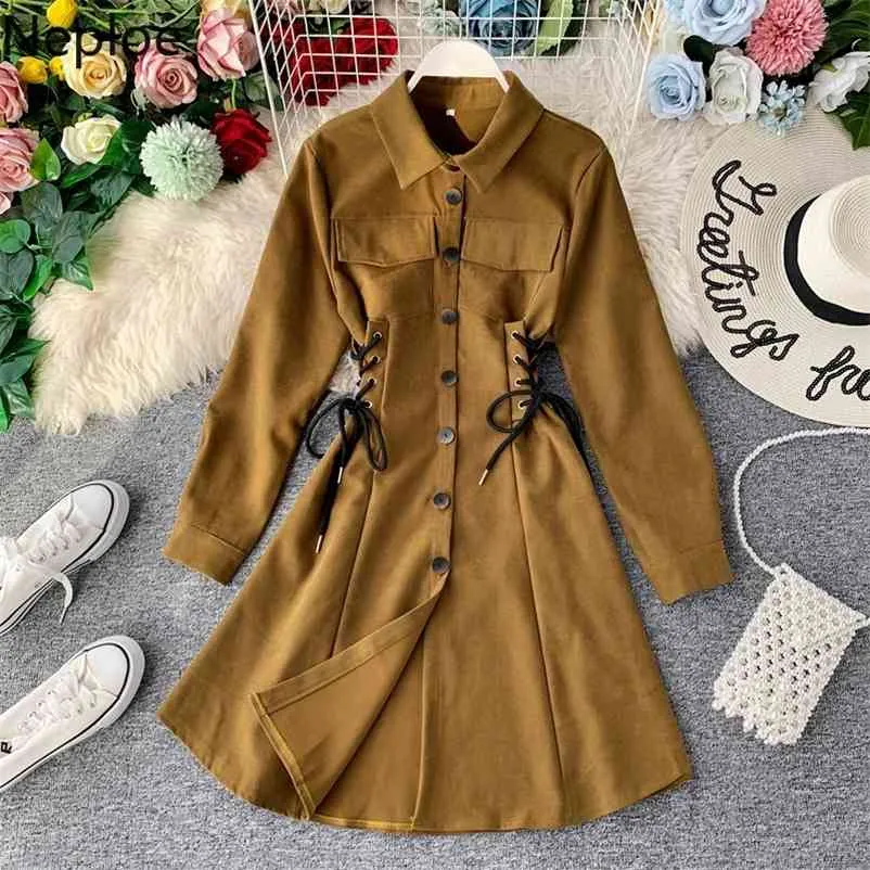 Herfst Winter Temperament Casual Turn Down Collar Jurk Slanke Taille Lace Up Een lijn Vestido Solid Button Party Ropa 46830 210422