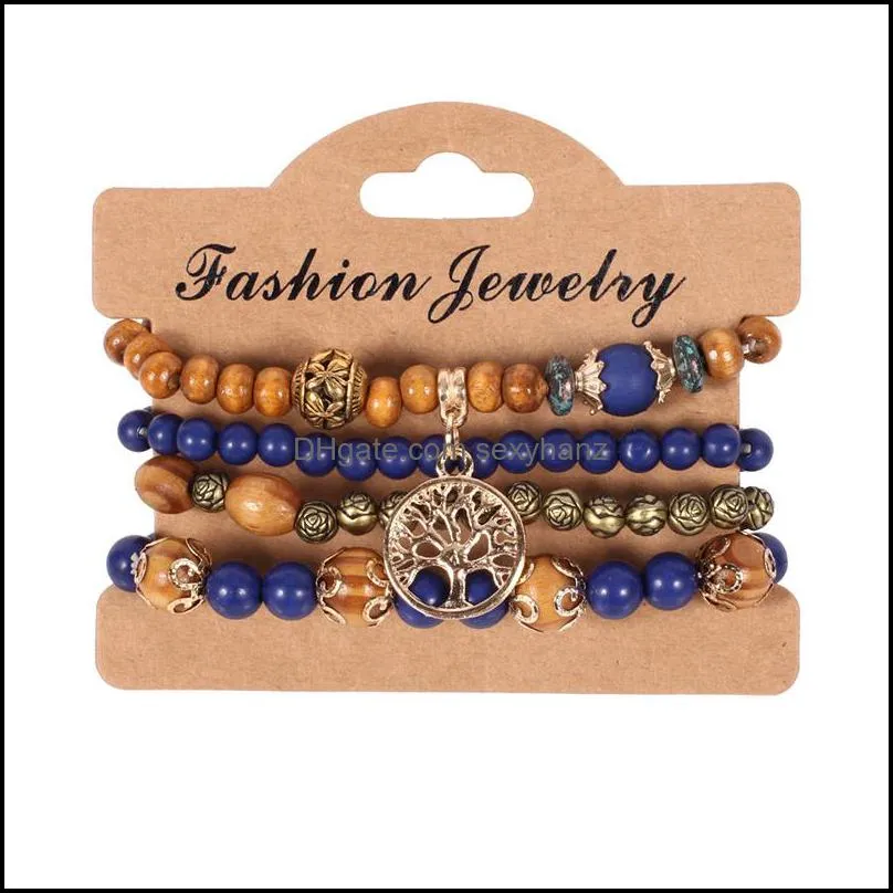 4pcs/Lot Vintage Tree of Life charm Bracelets Set For Women Wooden Wood Beads elasticity chains Bangle Fashion Bohemian Jewelry