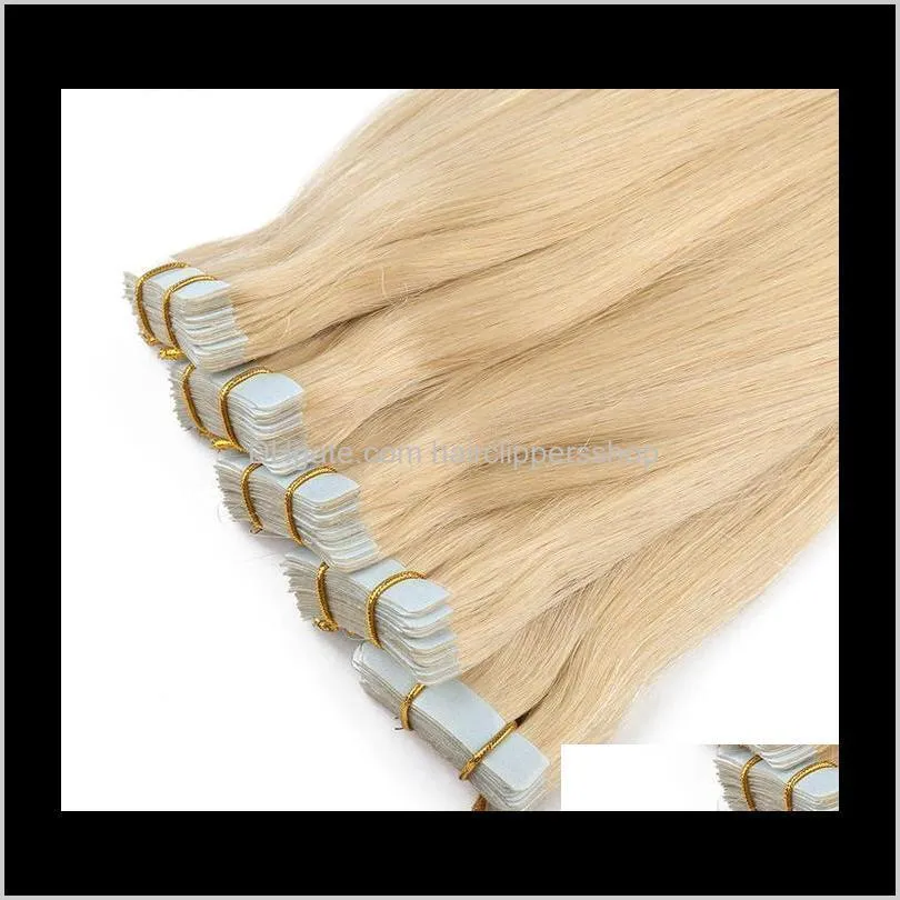 skin weft remy hair pu weft body wave tape human hair extensions #613 bleach blonde brazilian body wave hair 14-26 inch, 