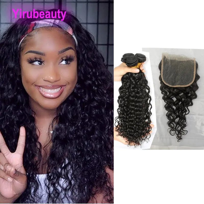 Cabelo humano brasileiro onda de água 3 pacotes com 5*5 fechamento de renda tramas de cabelo de bebê 10-30 polegadas Yirubeauty