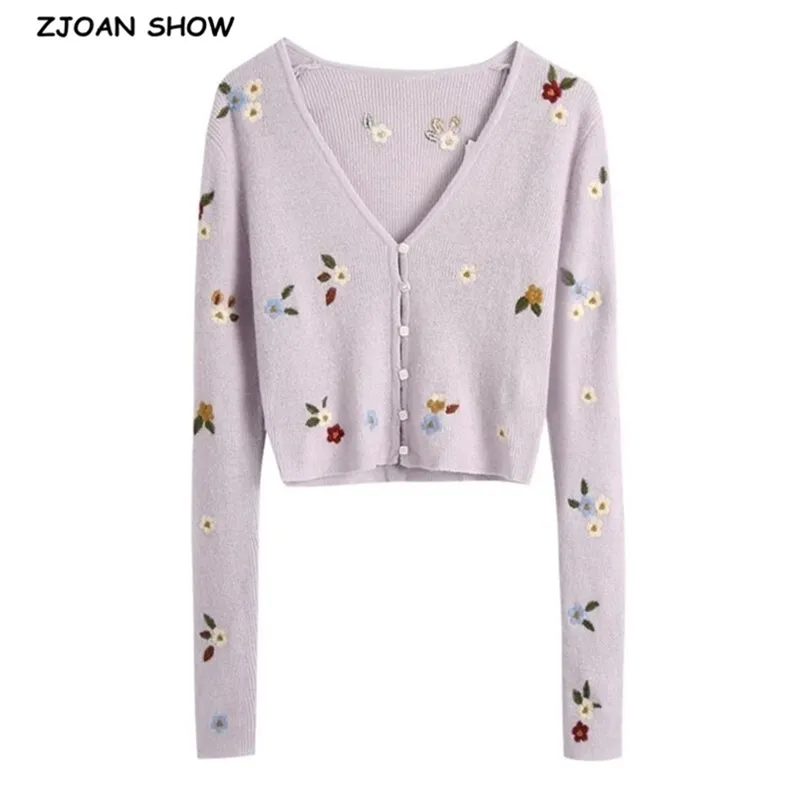 Spring CHIC French Knitting Embroidery Crop Cardigan Sweater Retro Woman V neck Long Sleeve Flower Jumper Short Knitwear 210429