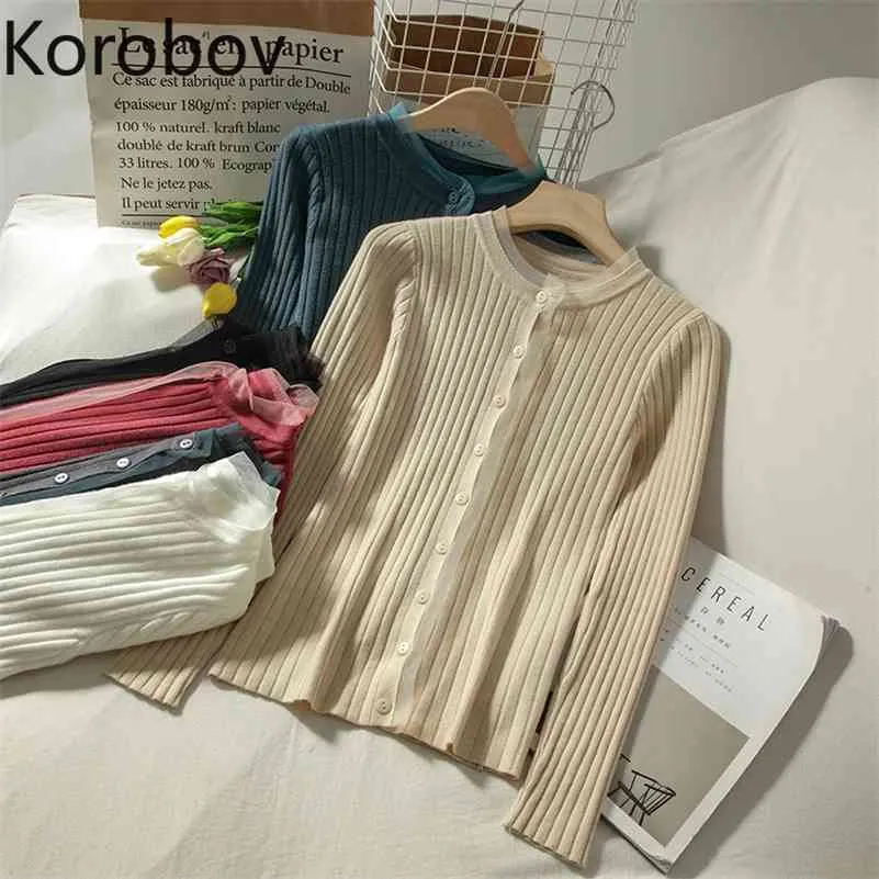 Коробовские женские свитера корейский осенний с длинным рукавом один тонкий сутерометр mujer o шеи preppy стиль короткие трикотажные кардиганы 210430