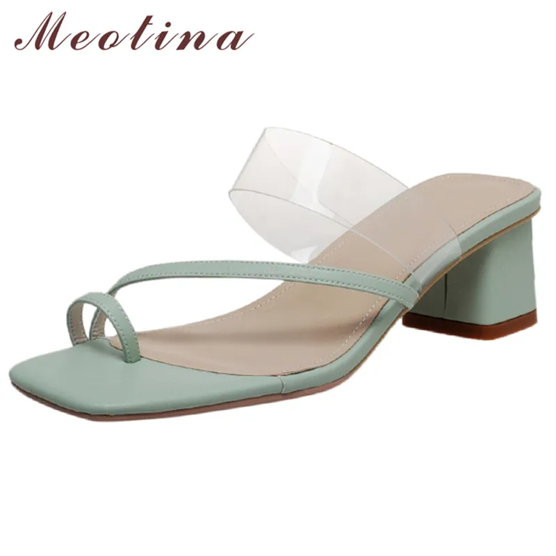 Meotina Genuine Leather Sandals Square Toe Flip Flops Thick High Heel Slipper Transparent Thong Slides Summer Ladies Footwear 210520